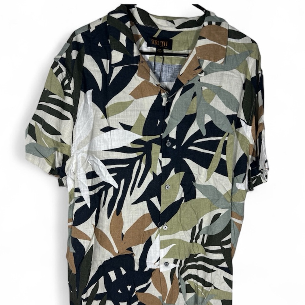 Truth Men's Leaf Pattern Casual Linen Shirt Size L
